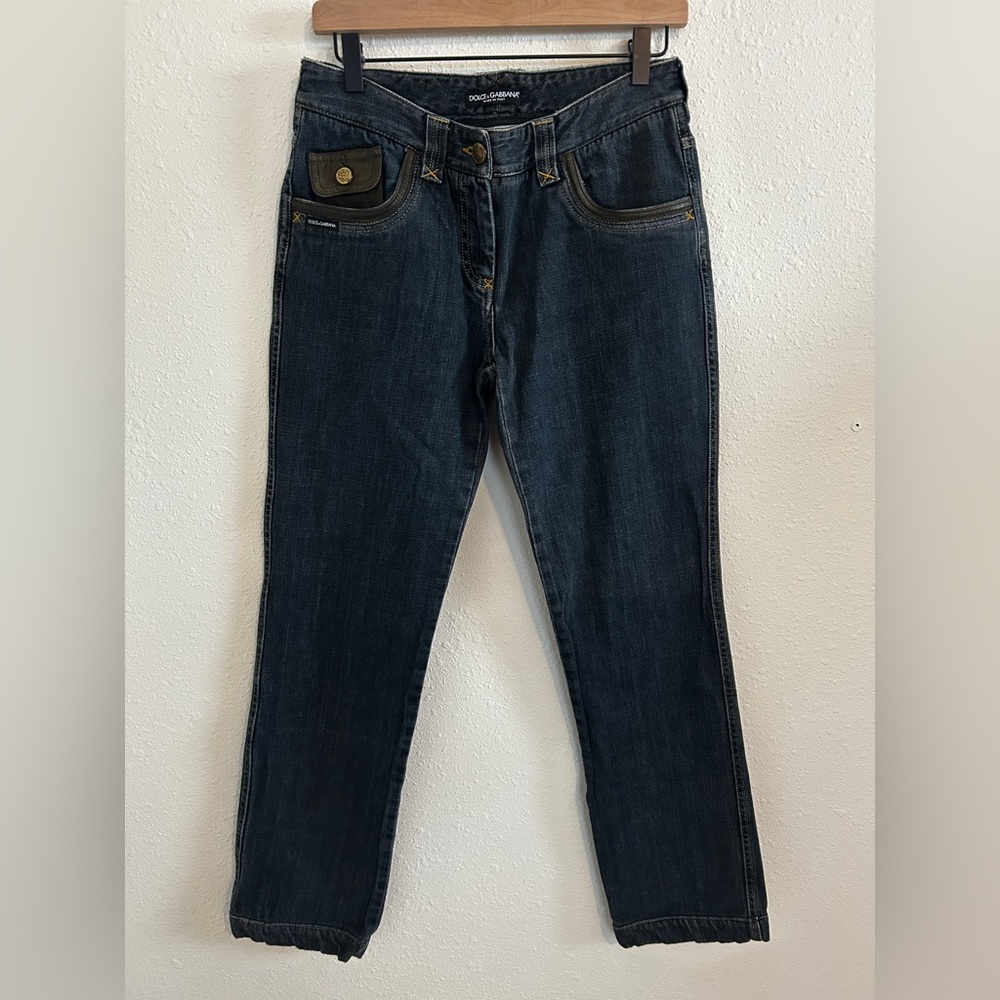 Dolce & Gabbana Denim Jeans Logo Embroidered Leather Trim Size 42 IT 6 US